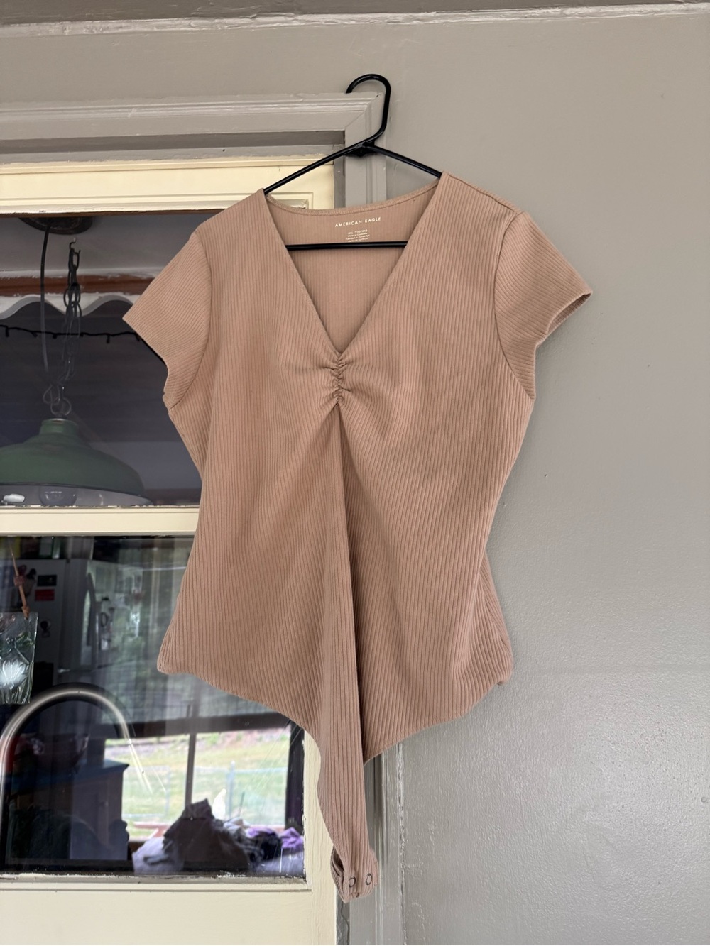 American Eagle Outfitters Beige Ribbed V-Neck Tie-Front Body Suit